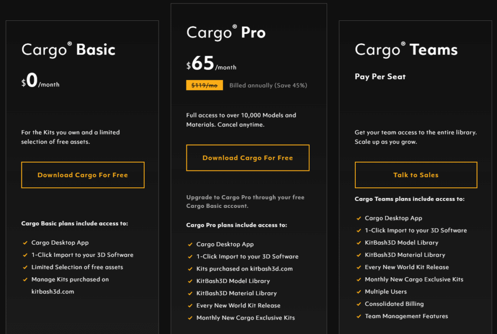 KitBash3D Cargo Subscription Tiers