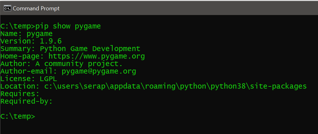 pip show pygame results